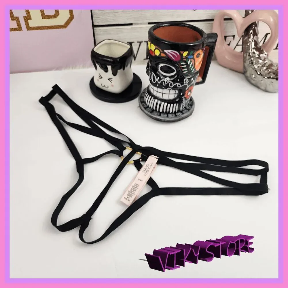 💕 NWT Victoria’s Secret Very Sexy Black Strappy Gold Heart Small #7284 💕